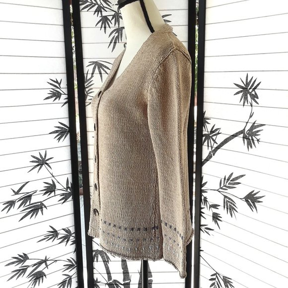 J. Jill 100% Silk Tan and Blue V Neck Knit Cardigan Sweater Size S - Picture 6 of 14